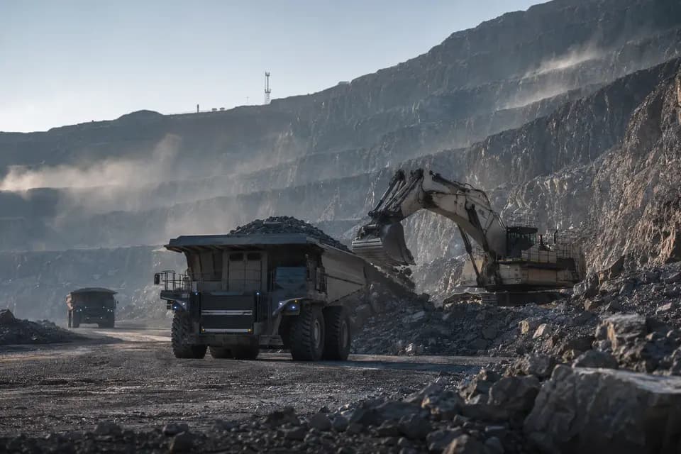 Haul trucks and an excavator operating in an open-pit mine