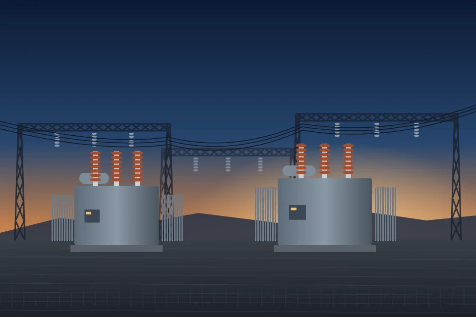 Power transformers and switchgear at an electrical substation